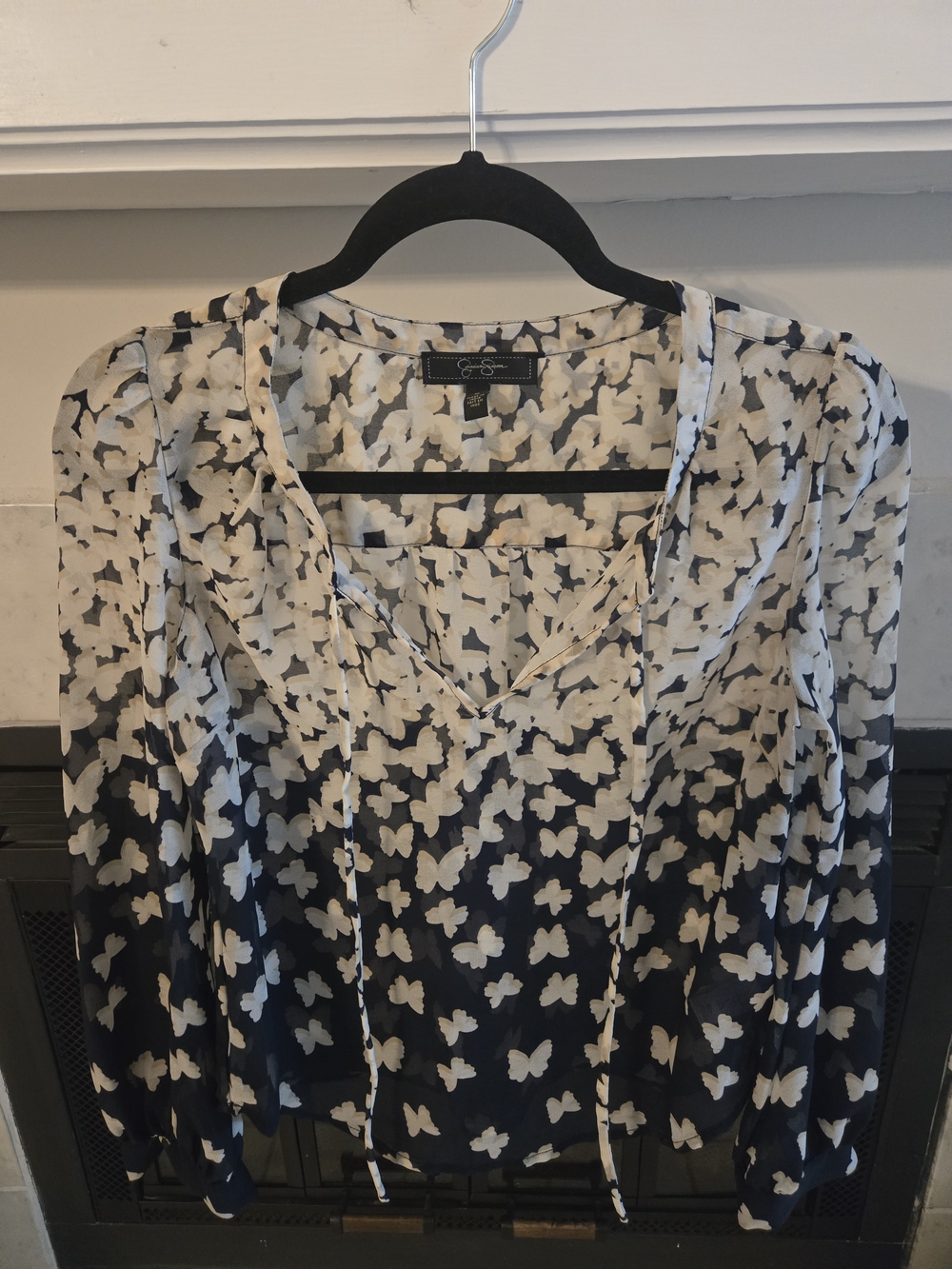 Jessica Simpson Navy and White Butterfly Tie-Front Blouse with V-Neck